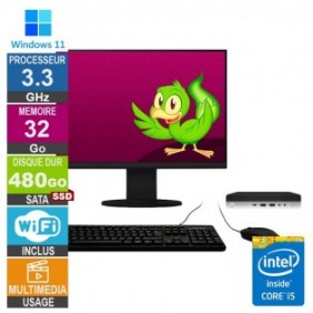 PC HP 800 G4 Mini i5-8400T 3.30GHz 32Go/480Go SSD Wifi W11 + Ecran 20